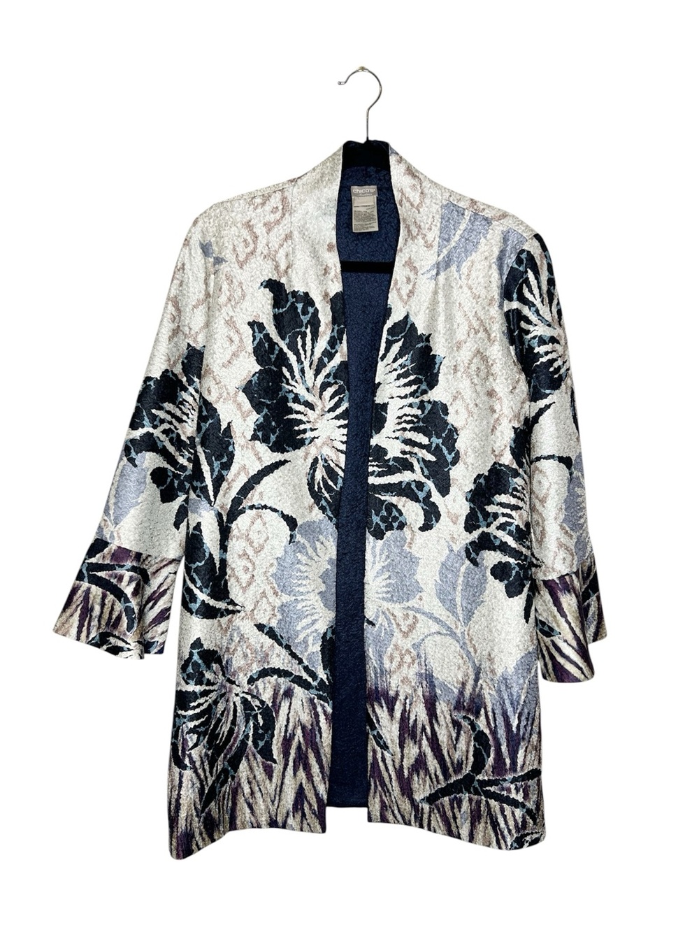 Chico's Travelers Reversible Floral and Navy Crinkle Texture Jacket
